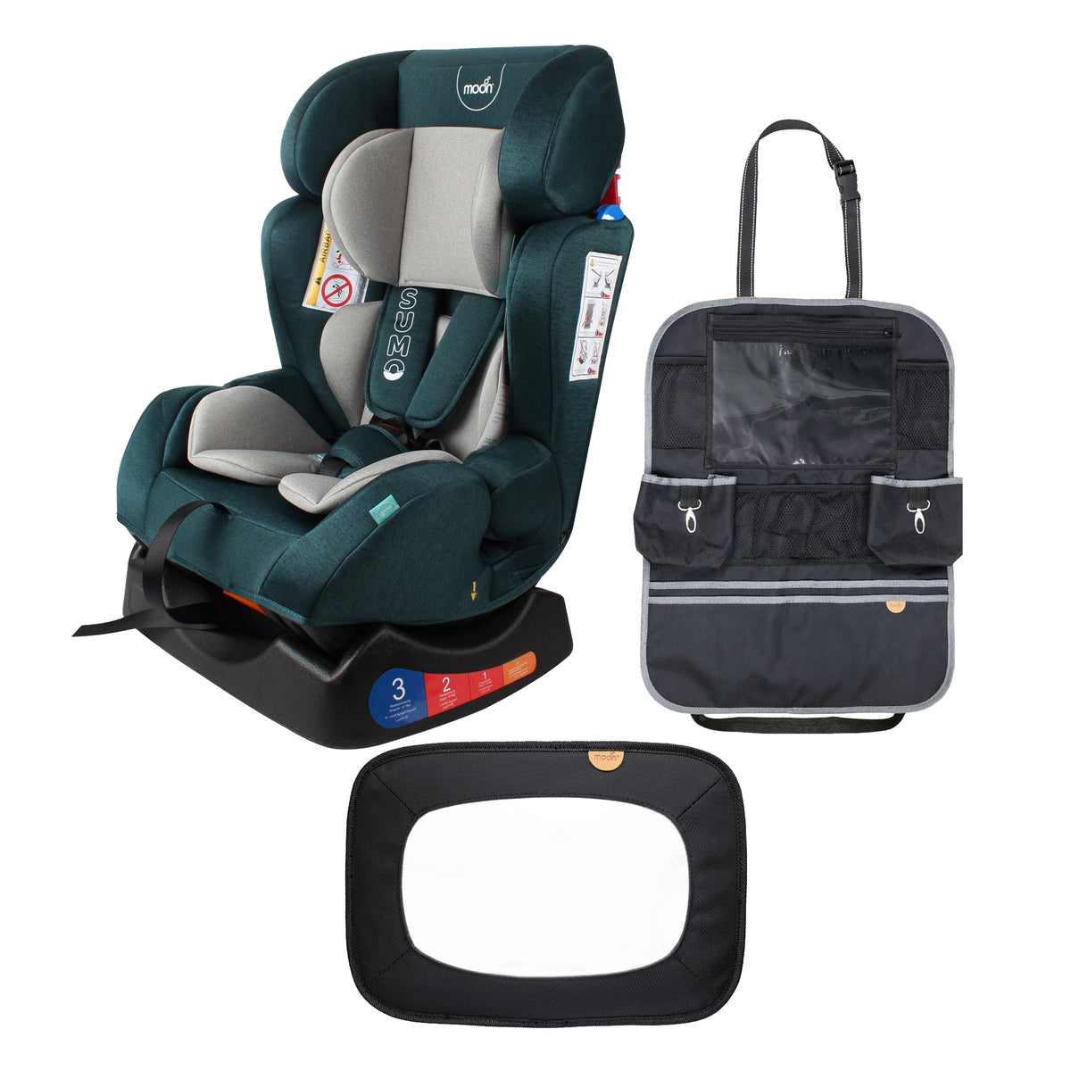 MOON Sumo Baby/Infant Car Seat (0-6 Years, 0-25 Kg, Green) / Baby Back Seat Mirror (Black Twill) / Baby Back Seat Organizer (Black Twill) - The Moon Brand™