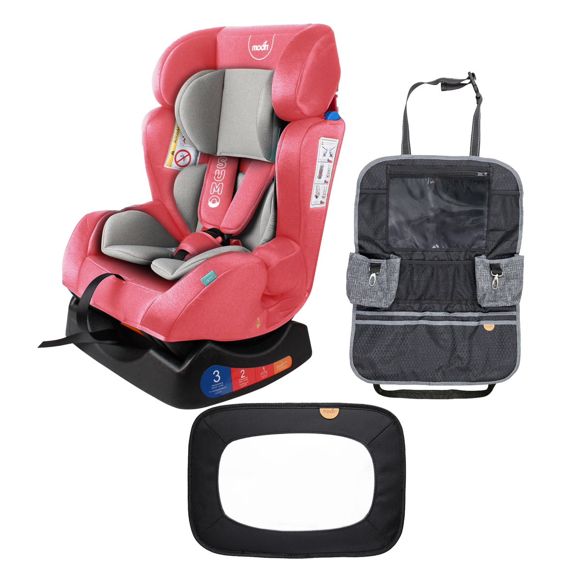 MOON Sumo Baby/Infant Car Seat (0-6 Years, 0-25 Kg, Pink) / Baby Back Seat Mirror (Black Twill) / Baby Back Seat Organizer (Black Prismatic) - The Moon Brand™