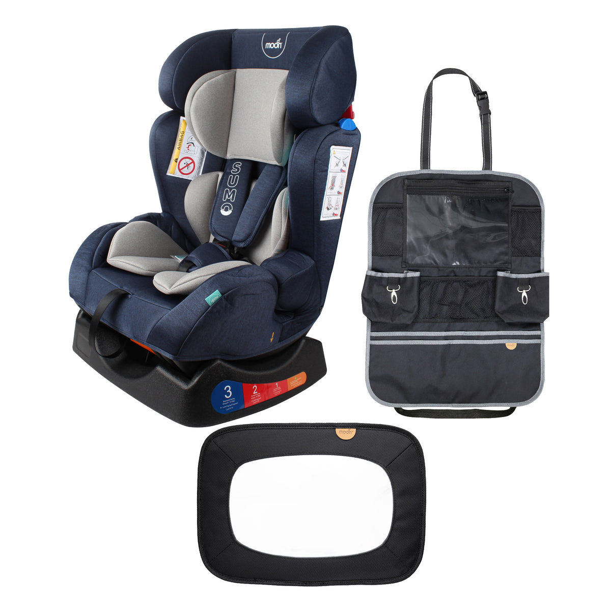 MOON Sumo Baby/Infant Car Seat (0-6 Years, 0-25 Kg, Navy Blue ) / Baby Back Seat Mirror (Black Twill) / Baby Back Seat Organizer (Black Twill) - The Moon Brand™