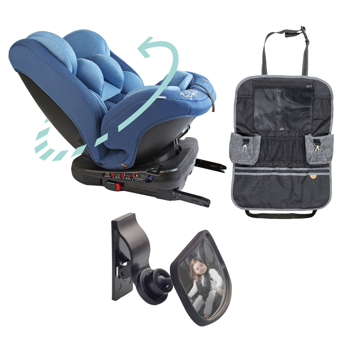 MOON Rover Baby Infant Car Seat (0-12 Years, Group 0/,1,2,3, 360° Rotate, Blue) / Deluxe Back Seat Baby Side Mirror / Baby Back Seat Organizer (Black Prismatic) - The Moon Brand™