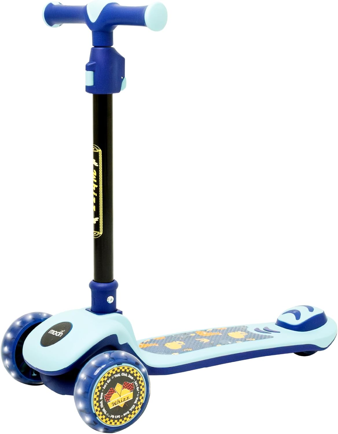 The MOON Brand Whizz Foldable 3-Wheel Kids Scooter– Adjustable Handlebar Lean-to-Steer LED Light-Up Wheels Toddler Scooter for Boys & Girls for Ages 3 Years+ -Dinosaur Design -Blue - The Moon Brand™