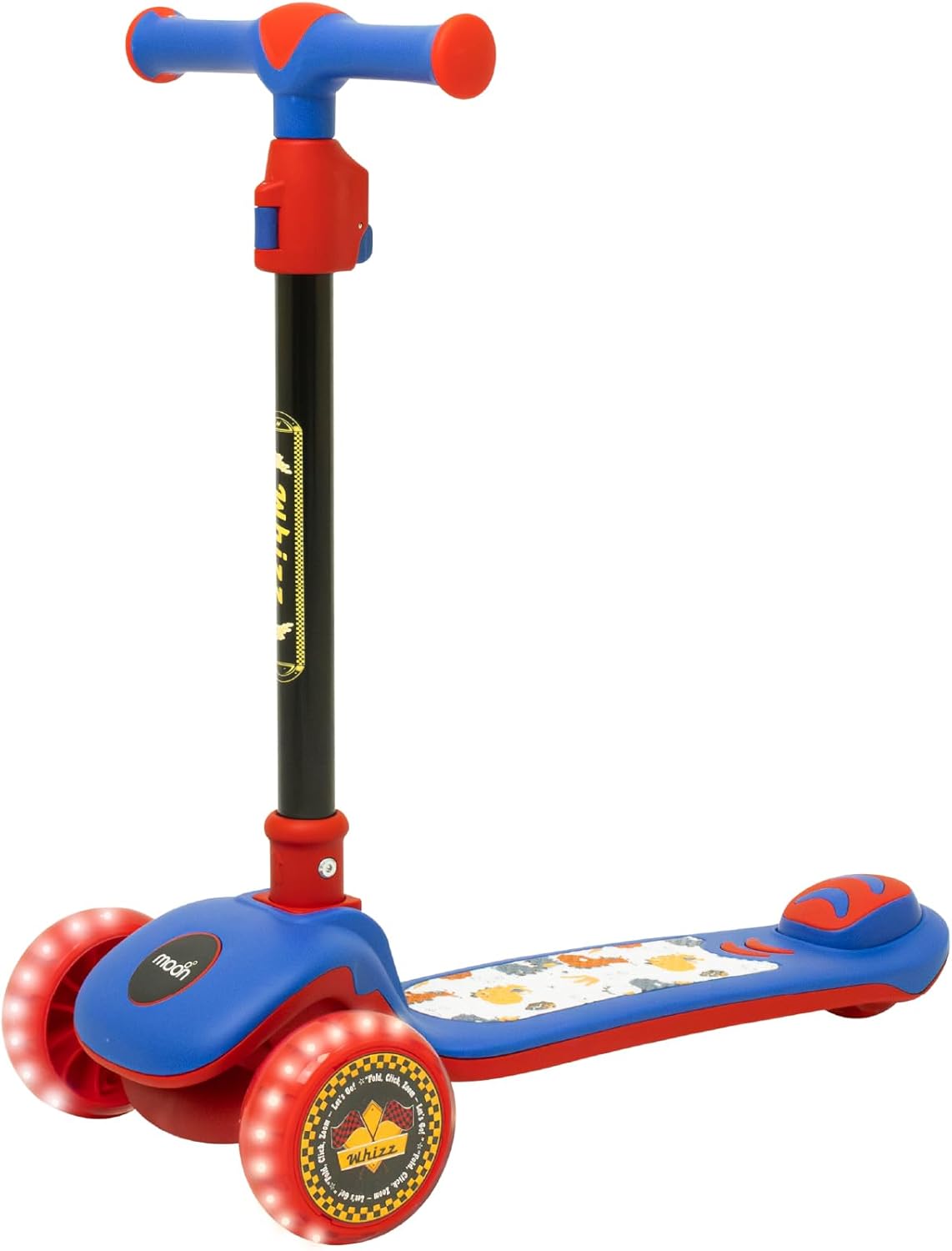 The MOON Brand Whizz Foldable 3-Wheel Kids Scooter– Adjustable Handlebar Lean-to-Steer LED Light-Up Wheels Toddler Scooter for Boys & Girls for Ages 3 Years+ -Dinosaur Design -Red - The Moon Brand™