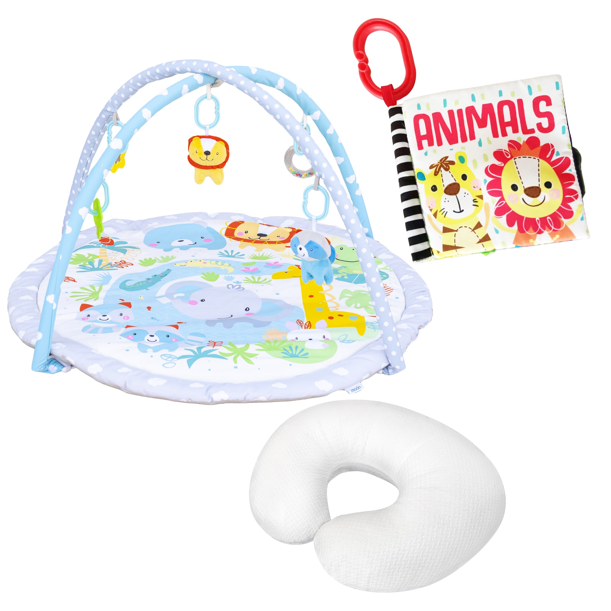 MOON Perky Playmat (Jungle) / MOON Organic Feeding Nursing Pillow (White, Organic Fabric) / MOON Soft Cloth Book (Animals) - The Moon Brand™