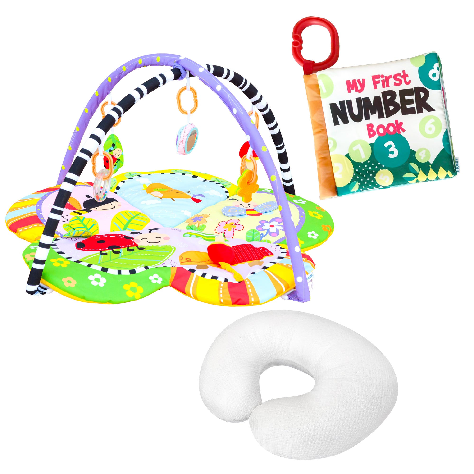 MOON Perky Playmat (Flower) / MOON Organic Feeding Nursing Pillow (White, Organic Fabric) / MOON Soft Cloth Book (Numbers) - The Moon Brand™
