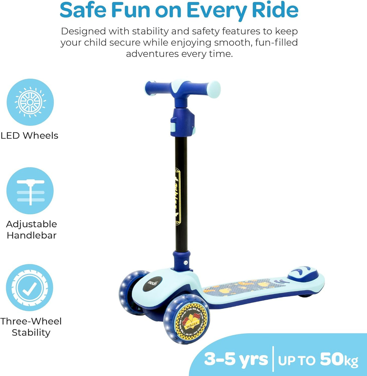 The MOON Brand Whizz Foldable 3-Wheel Kids Scooter– Adjustable Handlebar Lean-to-Steer LED Light-Up Wheels Toddler Scooter for Boys & Girls for Ages 3 Years+ -Dinosaur Design -Blue - The Moon Brand™