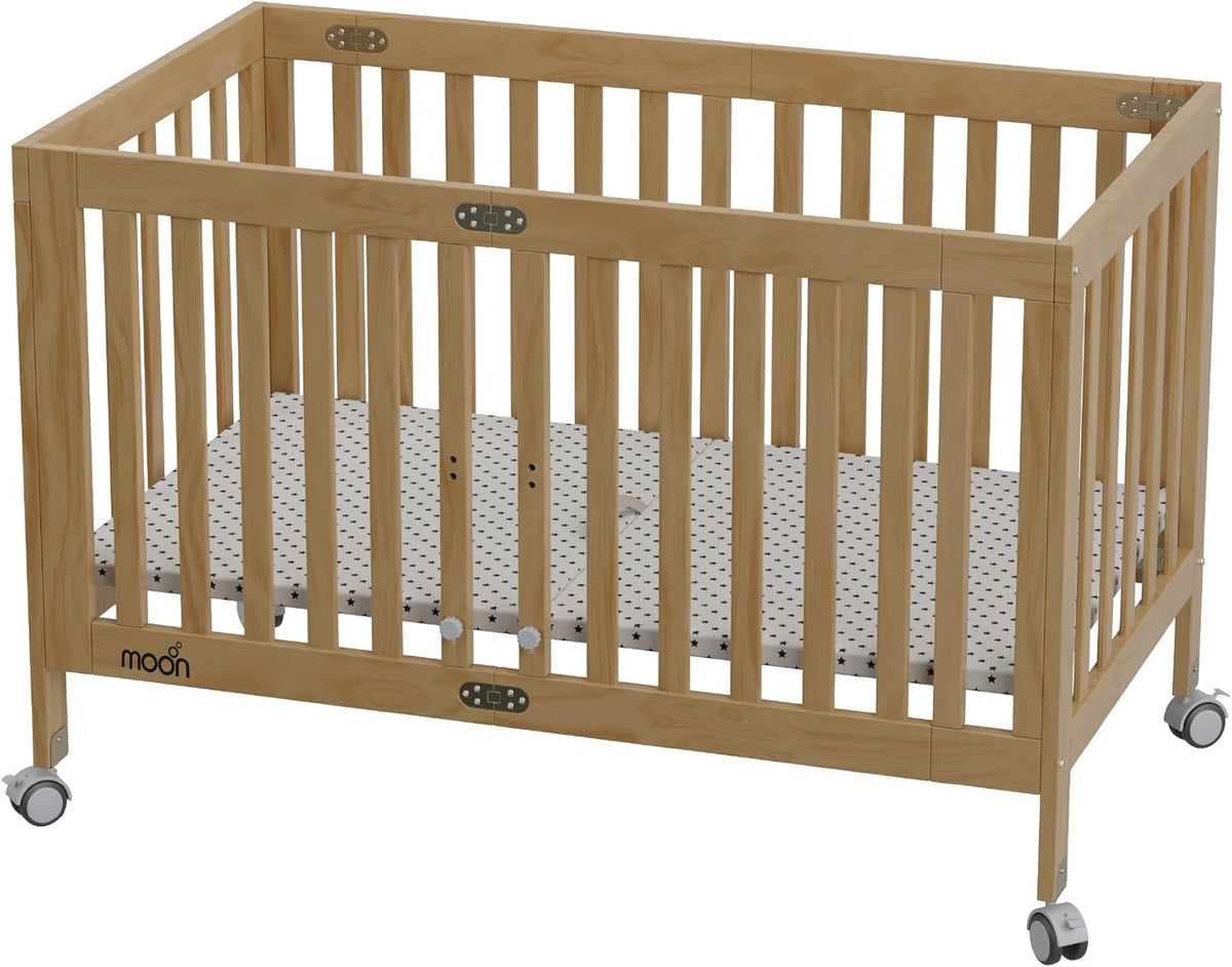 The MOON Brand Snugfold Foldable Baby Crib | 2-Level Height Adjustable | New Zealand Pine Wood | Durable & Decay-Resistant | Up to 50 kg | 0–3 Years | Natural Wood Finish-Natural Wood - The Moon Brand™