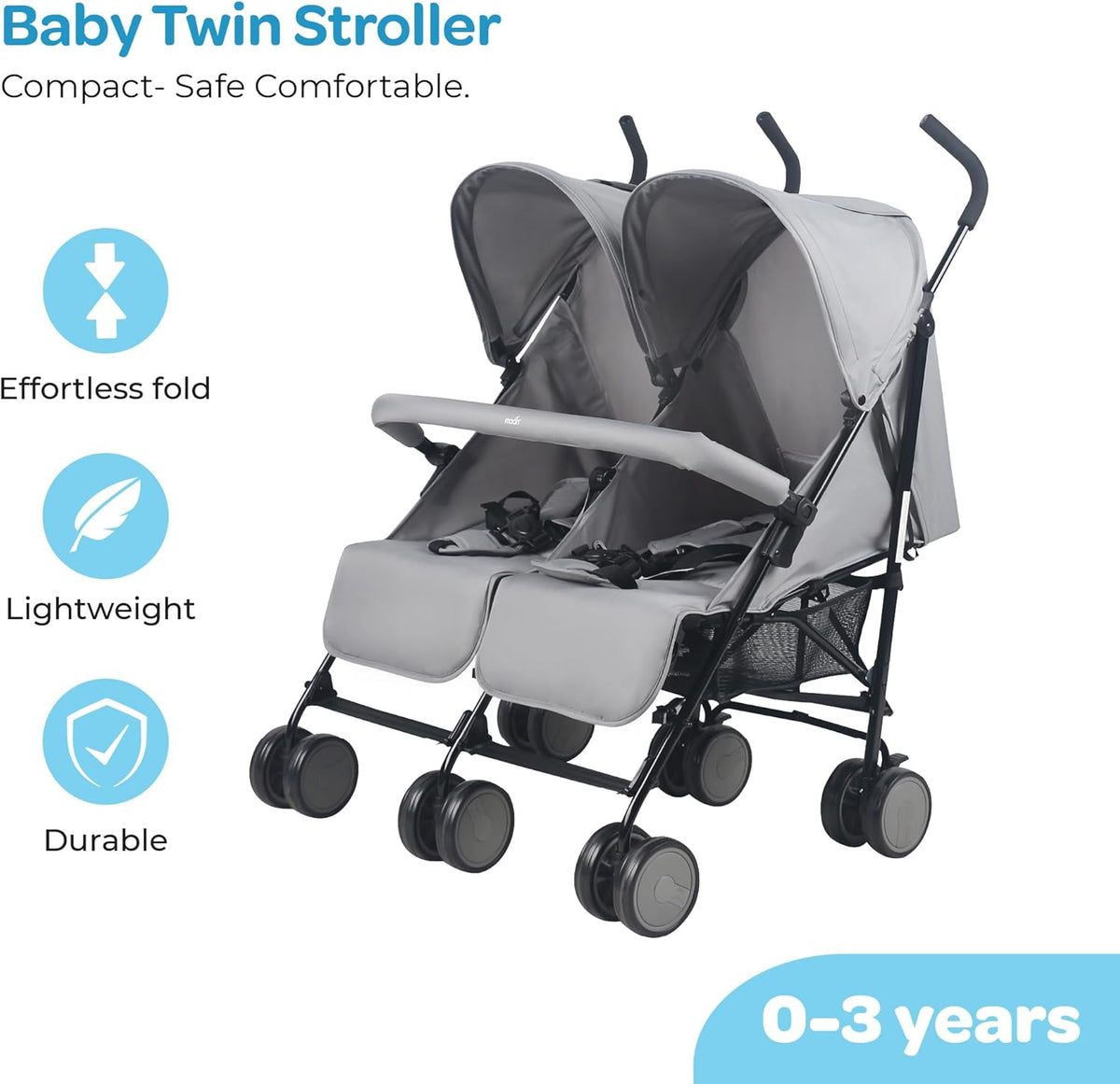 The Moon Brand Twinnzi Double Stroller for Twins & Siblings – Side by Side Duo Tandem Pram for Infant & Toddler (0-3 Years), Lightweight, UV Canopy, Adjustable Recline Seats-Upto 15kg per Seat-Grey - The Moon Brand™