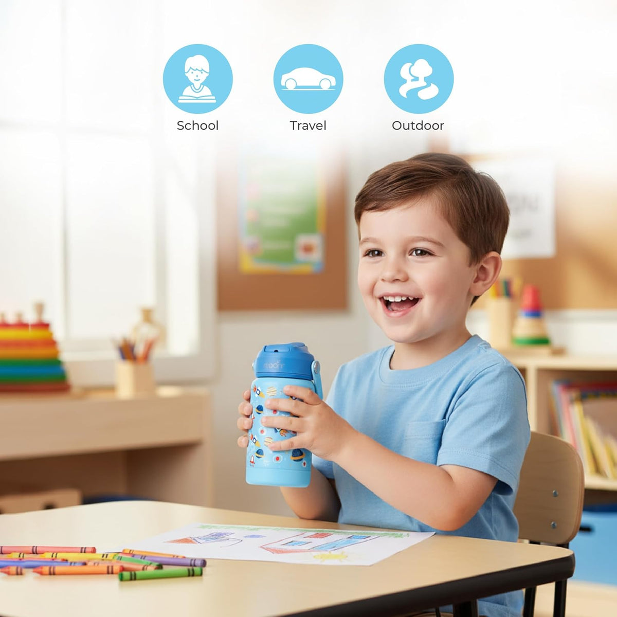 The Moon Brand Kids Insulated Water Bottle -BPA-Free, Leak-Proof Sipper Lid, Stainless Steel, Eco-Friendly, Keeps Drinks Cold or Hot for Hours,Ideal for School, Toddlers & Kids - Blue - The Moon Brand™