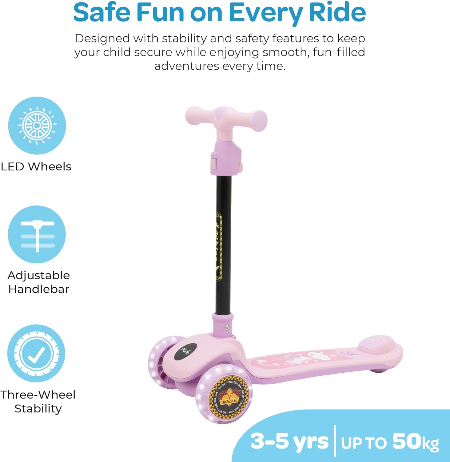 The MOON Brand Whizz Foldable 3-Wheel Kids Scooter– Adjustable Handlebar Lean-to-Steer LED Light-Up Wheels Toddler Scooter for Boys & Girls for Ages 3 Years+ -Little Pony -Pink - The Moon Brand™
