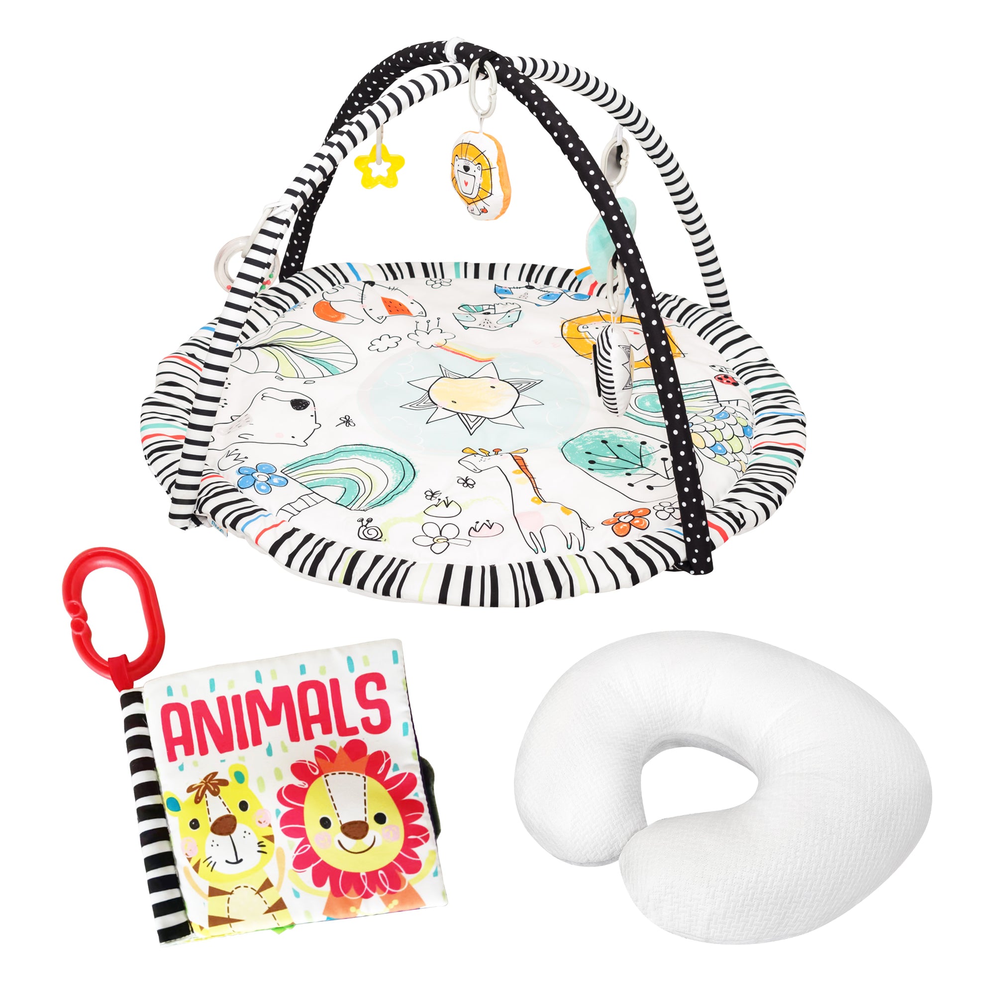 MOON Perky Playmat (Paradise Play) / MOON Organic Feeding Nursing Pillow (White, Organic Fabric) / MOON Soft Cloth Book (Animals) - The Moon Brand™