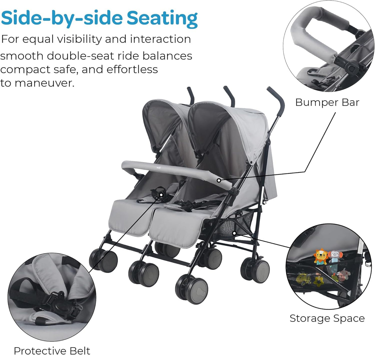 The Moon Brand Twinnzi Double Stroller for Twins & Siblings – Side by Side Duo Tandem Pram for Infant & Toddler (0-3 Years), Lightweight, UV Canopy, Adjustable Recline Seats-Upto 15kg per Seat-Grey - The Moon Brand™