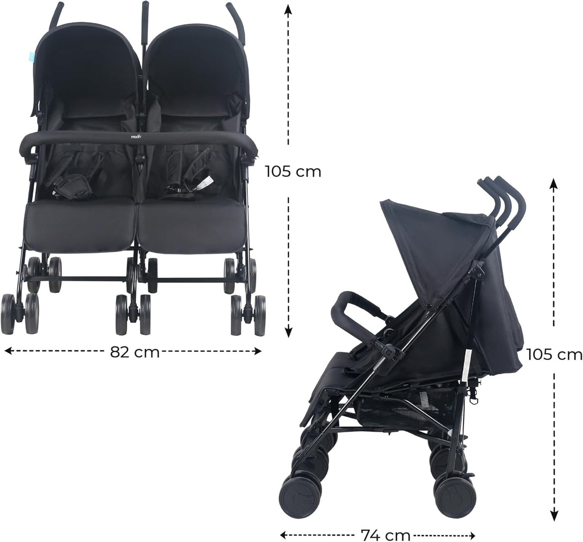 The Moon Brand Twinnzi Double Stroller for Twins & Siblings – Side by Side Duo Tandem Pram for Infant & Toddler (0-3 Years), Lightweight, UV Canopy, Adjustable Recline Seats-Upto 15kg per Seat-Grey - The Moon Brand™