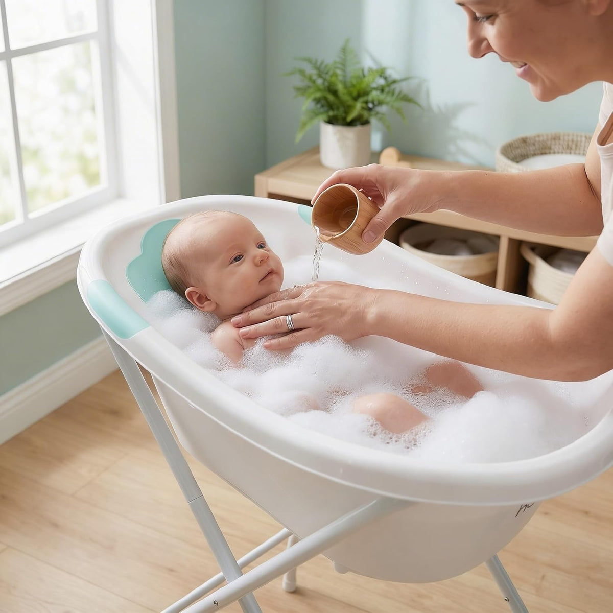 The MOON Brand Baby Bathtub Stand – Foldable & Stable Support Frame | Adjustable Stand for 0‑3 Years Safe,Comfortable Spac -Saving Stand for Easy Bathing- White - The Moon Brand™