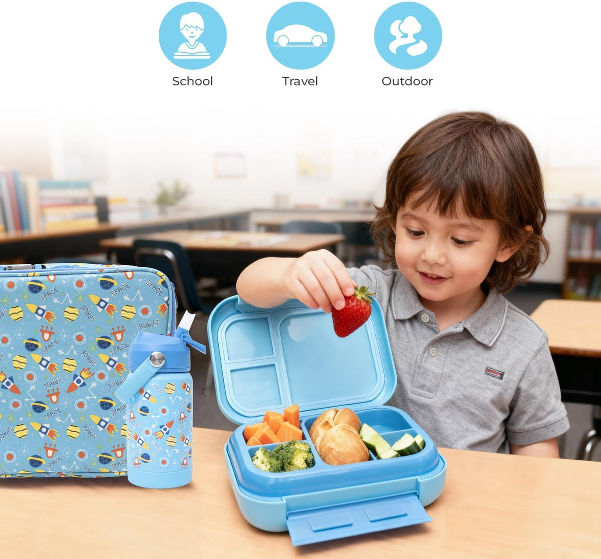 The Moon Brand Marmita Kids Lunch Box Set with Insulated Bottle & Bag – Leak-Proof,Bento Box with Compartments,Microwave & Dishwasher Safe, Easy-Open Latch,BPA-Free,Perfect for School Lunches-Blue - The Moon Brand™