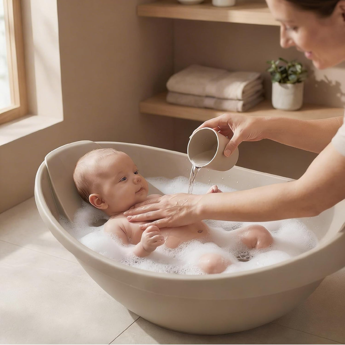 The MOON Brand Baby Bathtub| PP + TPR Infant Bath Tub for 0–3 Years | Lightweight Non-Slip Toddler Bath Tub | Durable & Comfortable Baby Shower -Beige. - The Moon Brand™