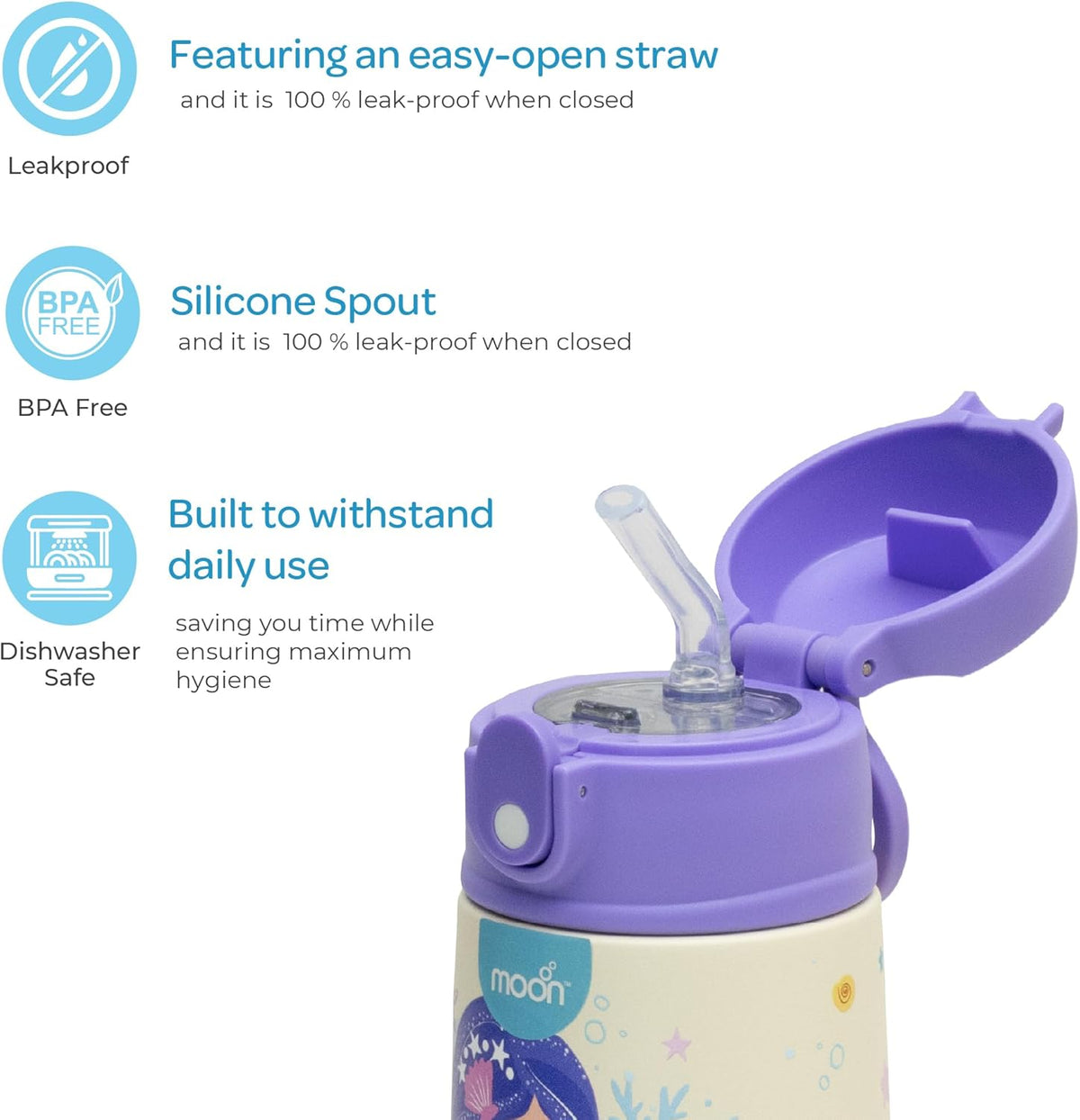 The Moon Brand Kids Insulated Water Bottle -BPA-Free, Leak-Proof Sipper Lid, Stainless Steel, Eco-Friendly, Keeps Drinks Cold or Hot for Hours,Ideal for School,Toddlers & Kids - Purple - The Moon Brand™