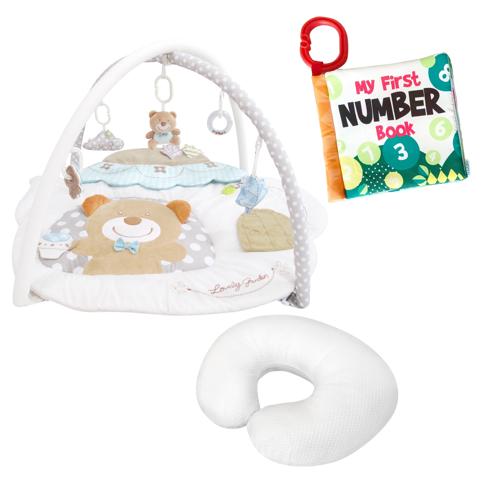 MOON Perky Playmat (Teapot Bear) / MOON Organic Feeding Nursing Pillow (White, Organic Fabric) / MOON Soft Cloth Book (Numbers) - The Moon Brand™