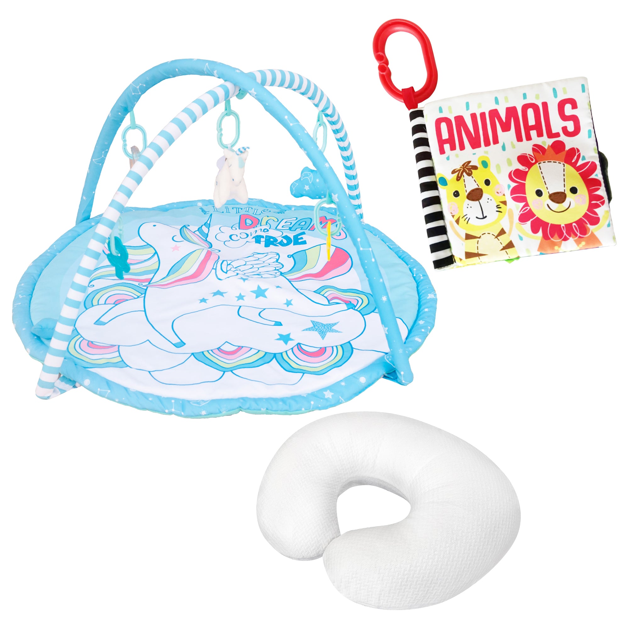 MOON Perky Playmat - Unicorn / MOON Organic Feeding Nursing Pillow (White, Organic Fabric) / MOON Soft Cloth Book - Animals - The Moon Brand™