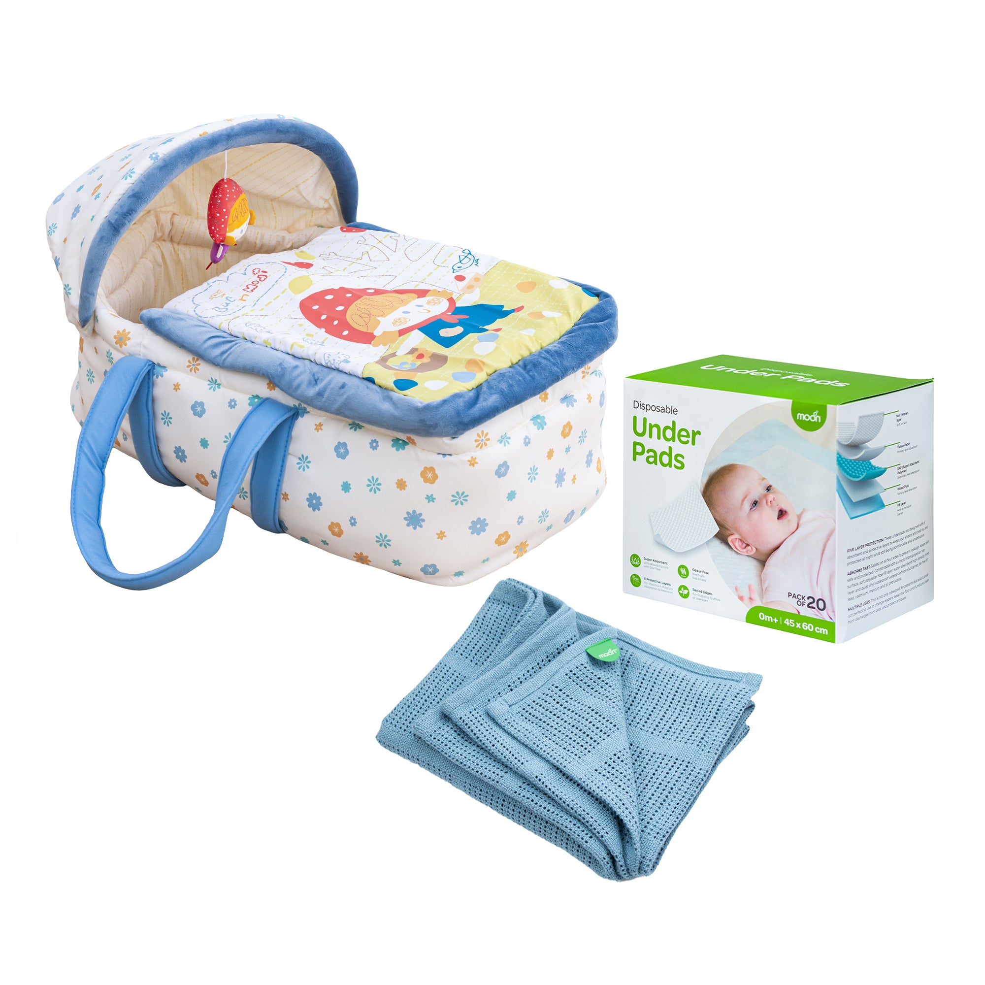 MOON Moses Basket - Blue / MOON Organic Cellular Blanket (75 x 100 CM, Blue) / MOON Disposable Under Pads (45 x 60 cm) - The Moon Brand™