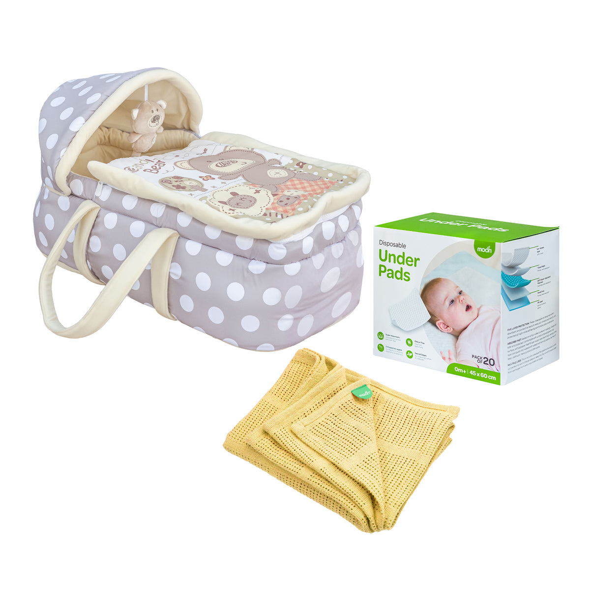 MOON Moses Basket - Grey / MOON Organic Cellular Blanket (75 x 100 CM, Cream) / MOON Disposable Under Pads (45 x 60 cm) - The Moon Brand™
