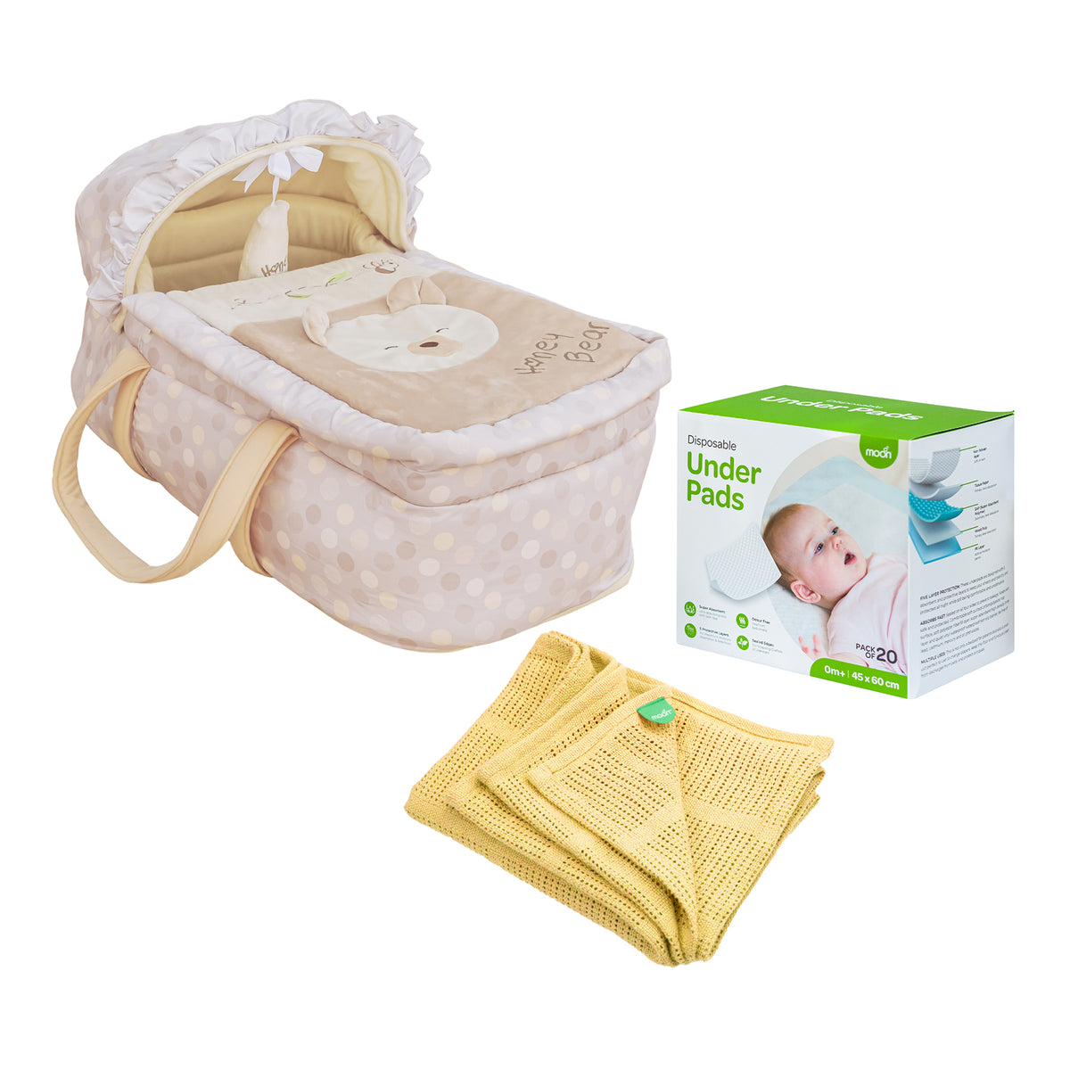 MOON Moses Basket - Honey Bear / MOON Organic Cellular Blanket (75 x 100 CM, Cream) / MOON Disposable Under Pads (45 x 60 cm) - The Moon Brand™
