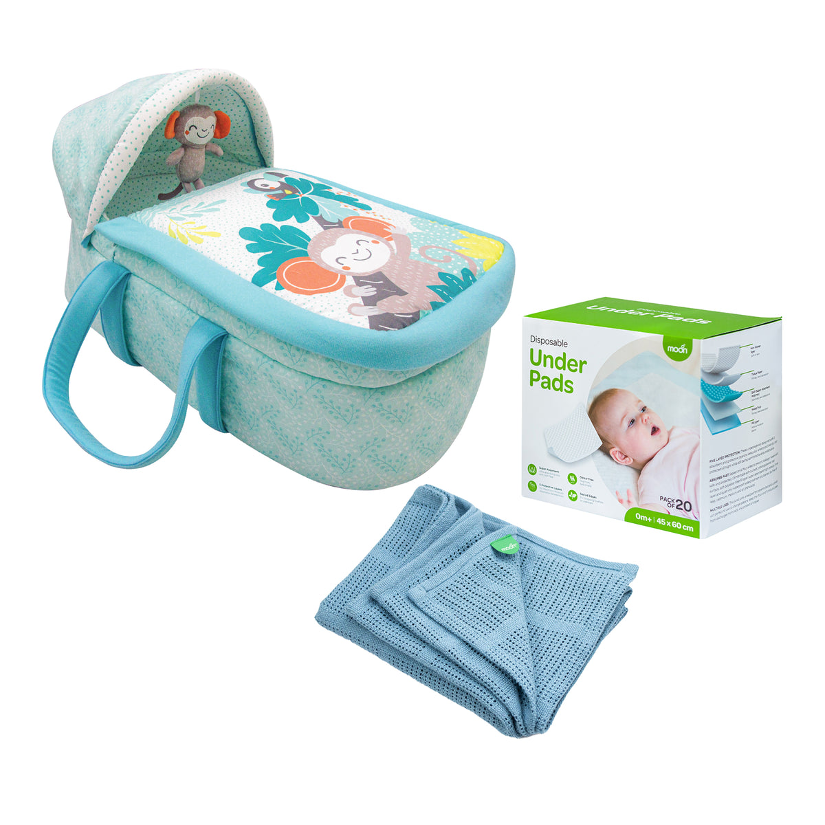 MOON Jungle Friends Moses Basket / MOON Organic Cellular Blanket (75 x 100 CM, Blue) / MOON Disposable Under Pads (45 x 60 cm) - The Moon Brand™