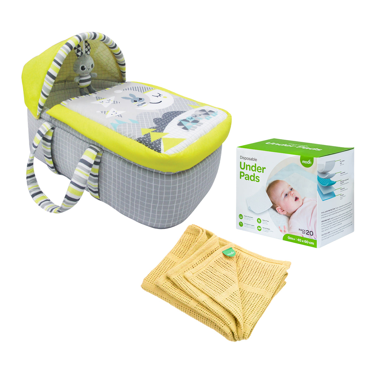 MOON A Good Night Moses Basket / MOON Organic Cellular Blanket (75 x 100 CM, Cream) / MOON Disposable Under Pads (45 x 60 cm) - The Moon Brand™