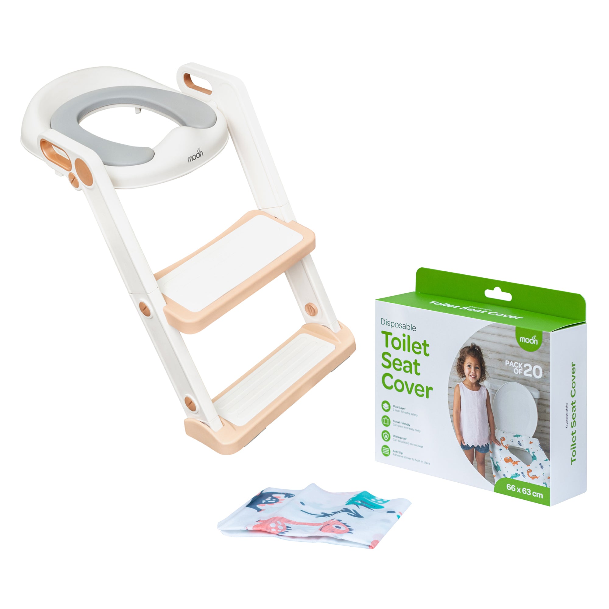 MOON Kids Step Stool Potty Trainer Seat (White and Gold) / MOON Disposable Toilet Seat Cover (Dino, 66 x 63 cm) - The Moon Brand™
