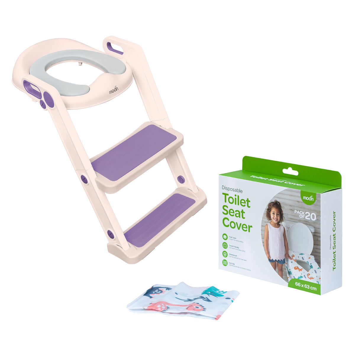 MOON Kids Step Stool Potty Trainer Seat (Pink and Purple) / MOON Disposable Toilet Seat Cover (Dino, 66 x 63 cm) - The Moon Brand™