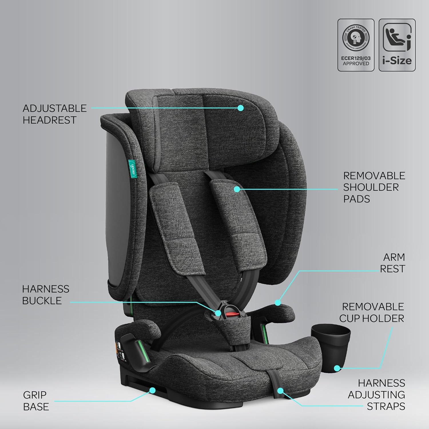 The Moon Brand Folda Plus Foldable Car Seat for Kids, Group 1/2/3 (15 Months – 12 Years, 9-36 kg), i-Size ECE R129 Certified, Removable Cup Holder & Base, Travel Friendly with Carry Bag-Drak Grey - The Moon Brand™
