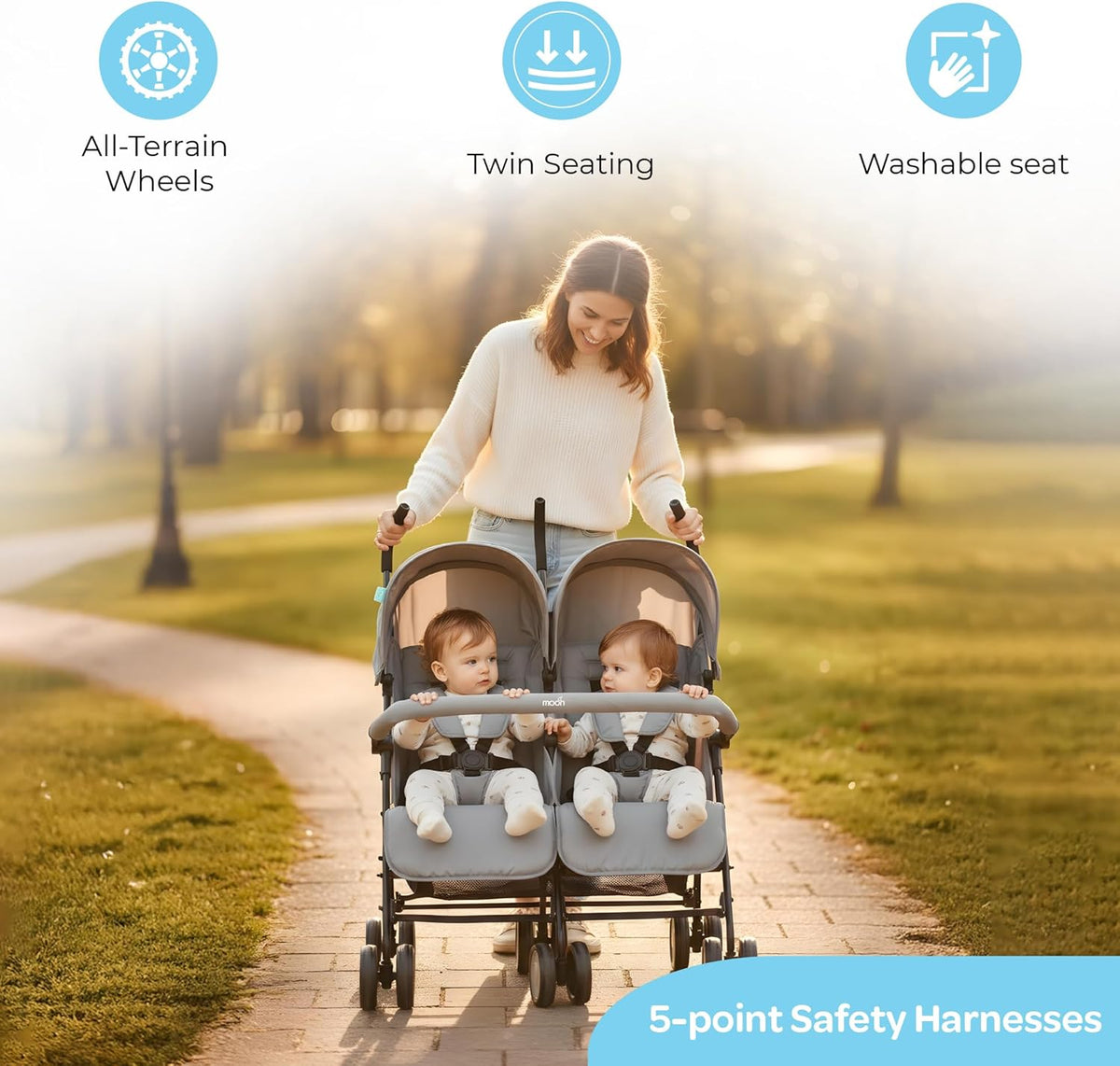 The Moon Brand Twinnzi Double Stroller for Twins & Siblings – Side by Side Duo Tandem Pram for Infant & Toddler (0-3 Years), Lightweight, UV Canopy, Adjustable Recline Seats-Upto 15kg per Seat-Grey - The Moon Brand™