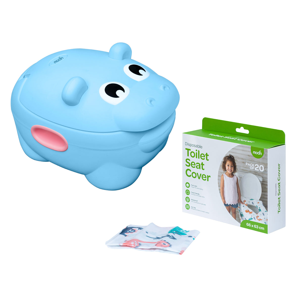 MOON Baby Potty Hippo with PU Cushion (Blue) / MOON Disposable Toilet Seat Cover (Dino, 66 x 63 cm) - The Moon Brand™