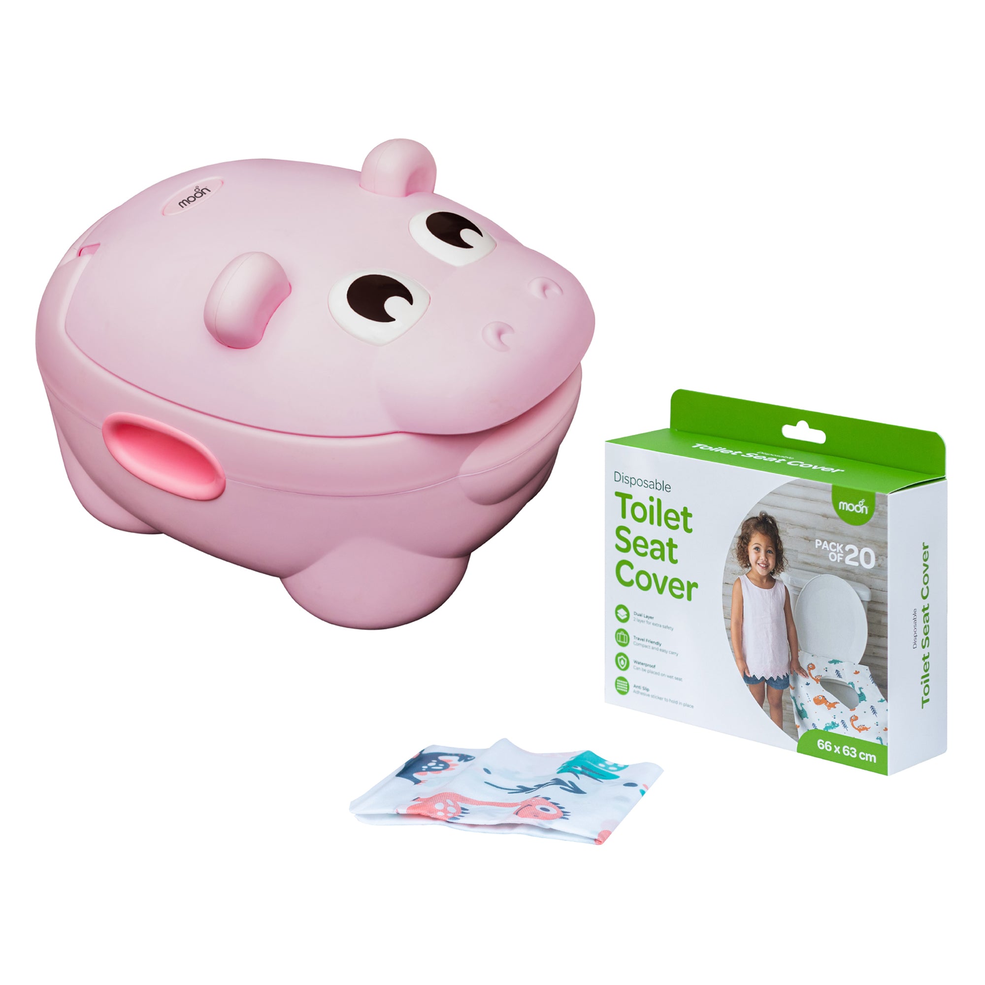 MOON Baby Potty Hippo with PU Cushion (Pink) / MOON Disposable Toilet Seat Cover (Dino, 66 x 63 cm) - The Moon Brand™
