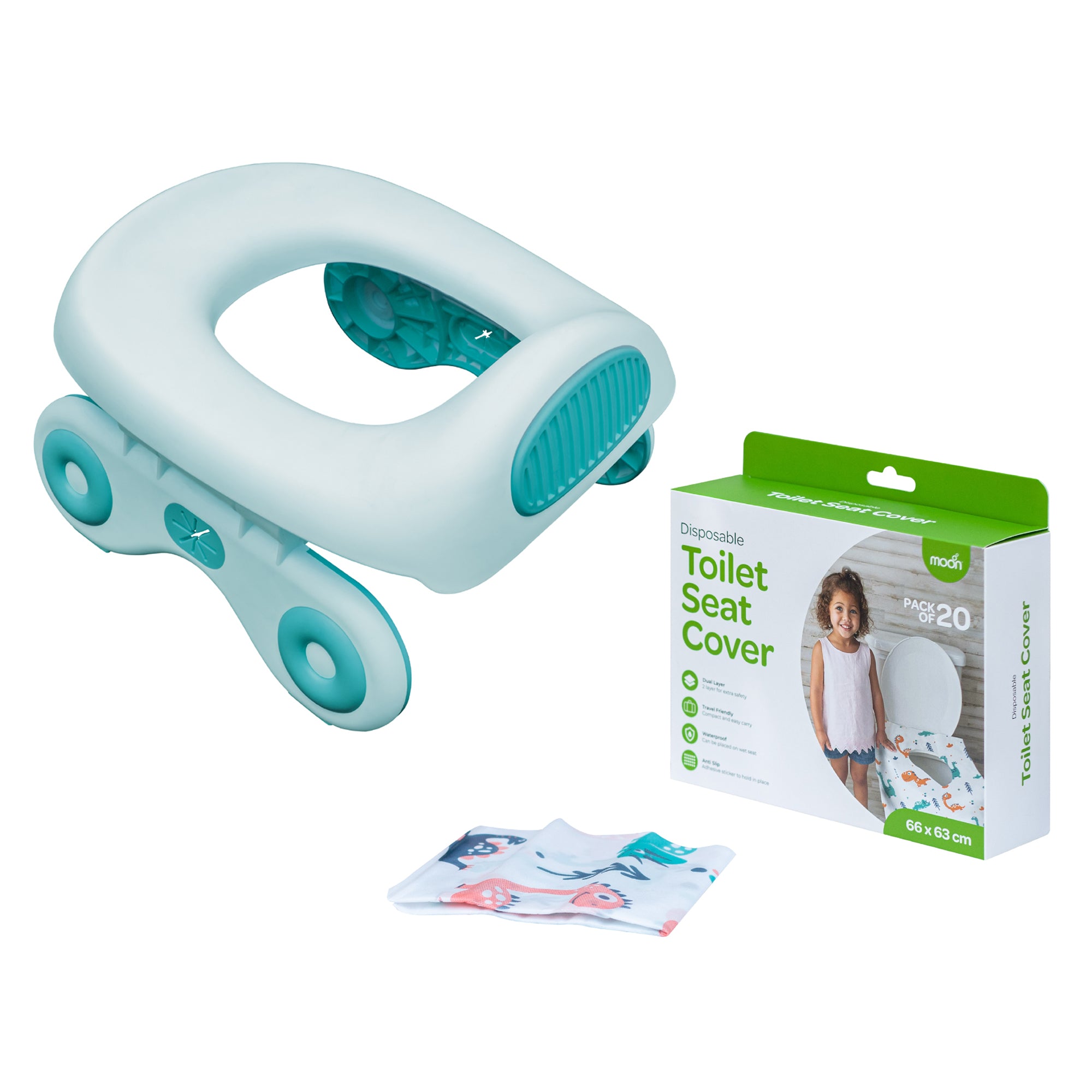 MOON Travel Baby Potty Seat (Blue) / MOON Disposable Toilet Seat Cover (Dino, 66 x 63 cm) - The Moon Brand™