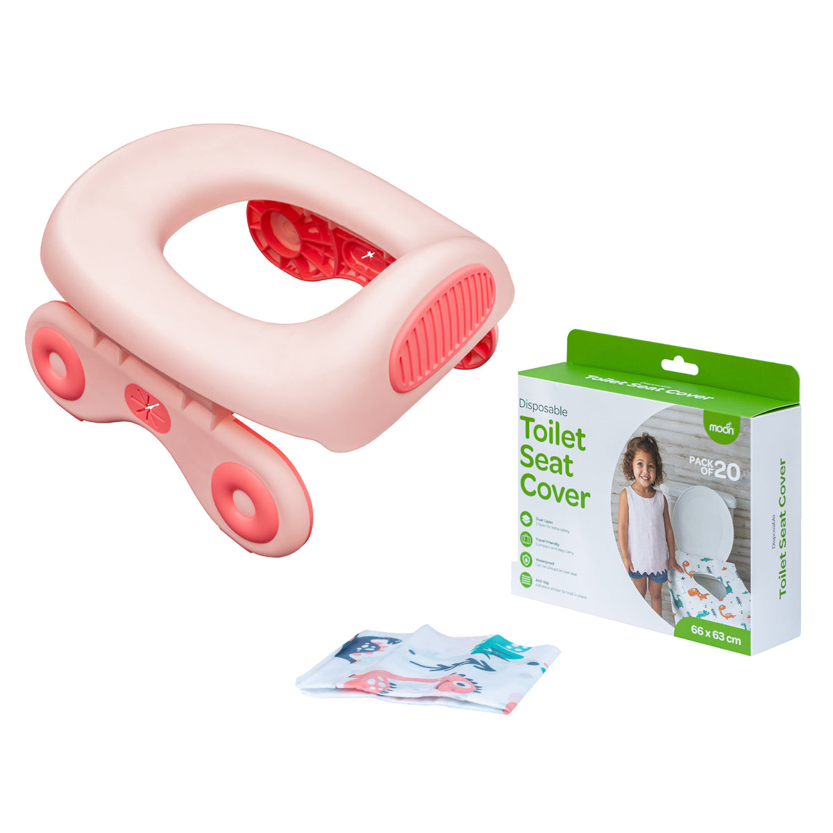 MOON Travel Baby Potty Seat (Pink) / MOON Disposable Toilet Seat Cover (Dino, 66 x 63 cm) - The Moon Brand™