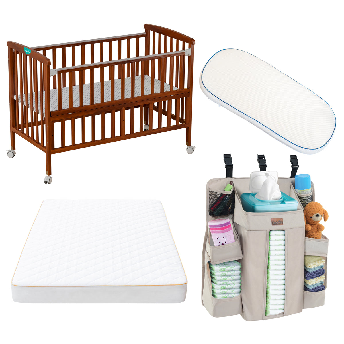 MOON Wooden Portable Crib Brown / Baby Crib Organizer / Crib & Pram Mattress (Classic Foam Moses Basket Mattress) - The Moon Brand™
