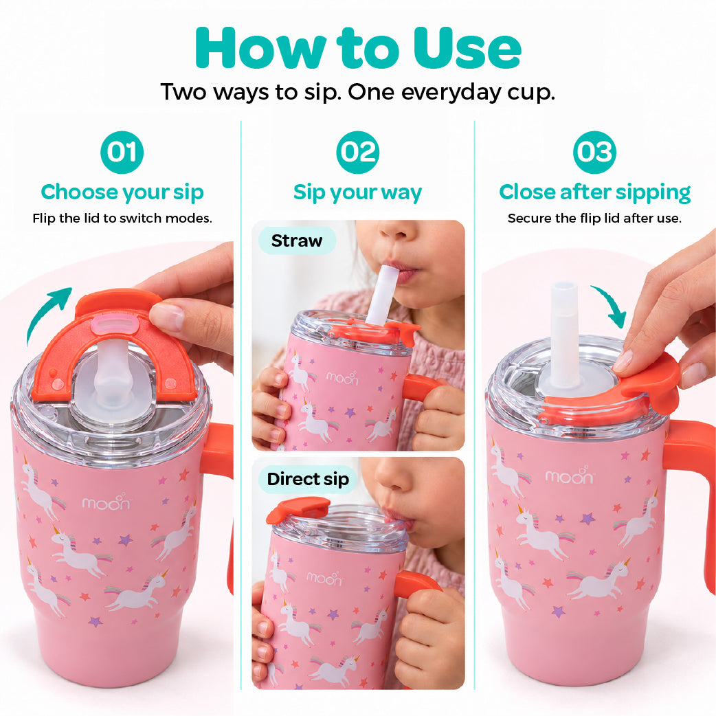 MOON 410ml Kids’ Insulated Tumbler with Straw | Pink