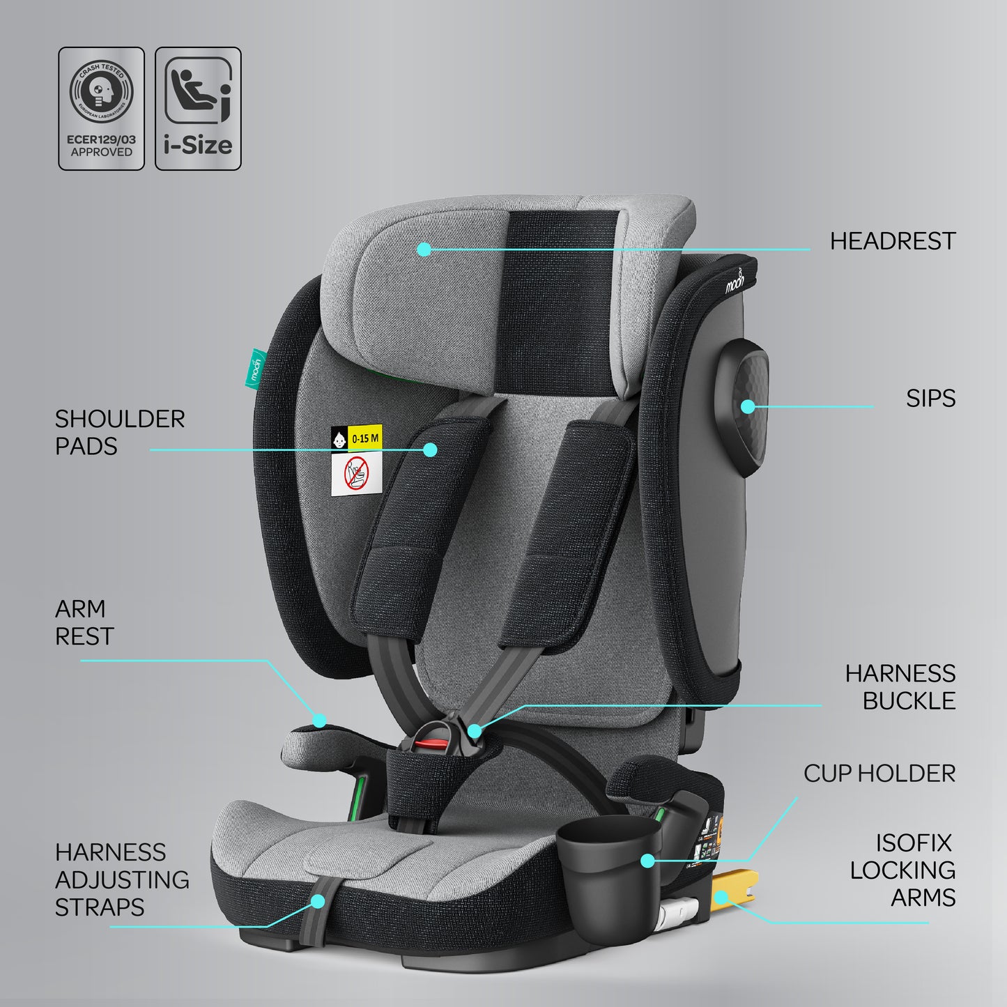 مقعد سيارة قابل للطي MOON Folda Max ECE R129 i-Size مع ISOFIX وحزام علوي
