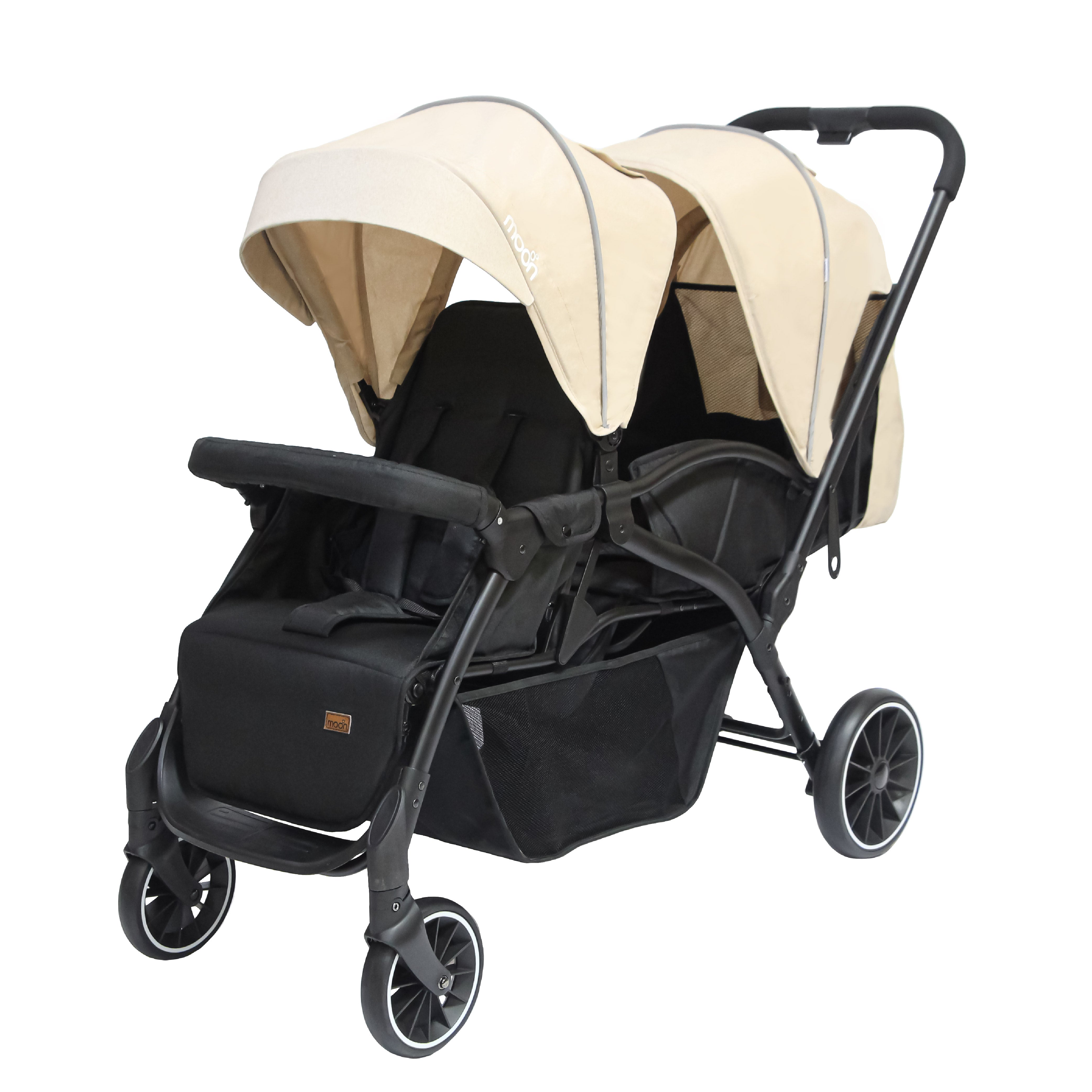 beige double stroller The Moon Brand Dois Twin Stroller – EasyFold Tandem Baby Trolley - Double Stroller for Infant & Toddler - Reclining Pushchair, Adjustable Canopy, 5Point Harness