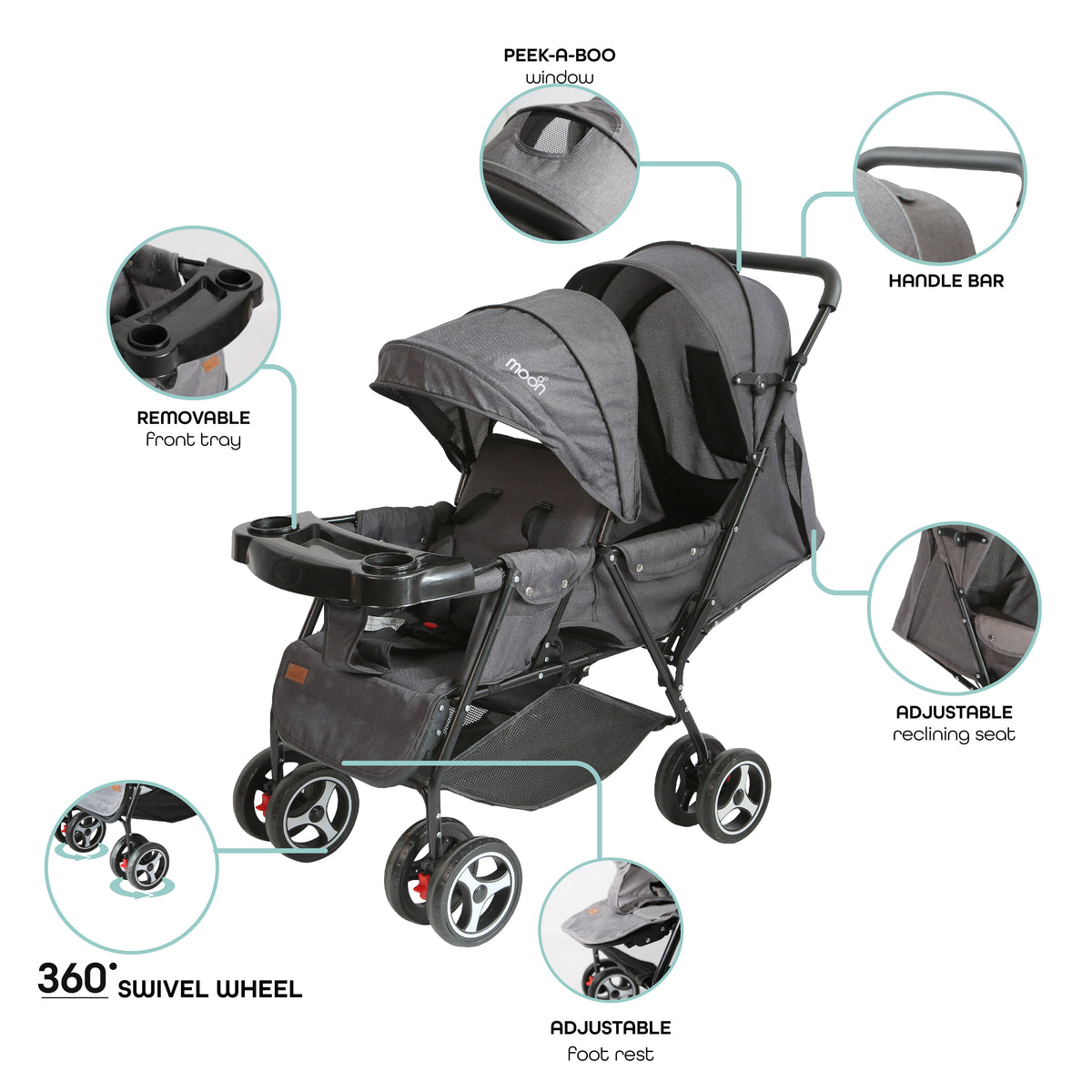 MOON Magnum Tandem Easy Fold Twin Travel Stroller-Black + Grey dots - The Moon Brand™