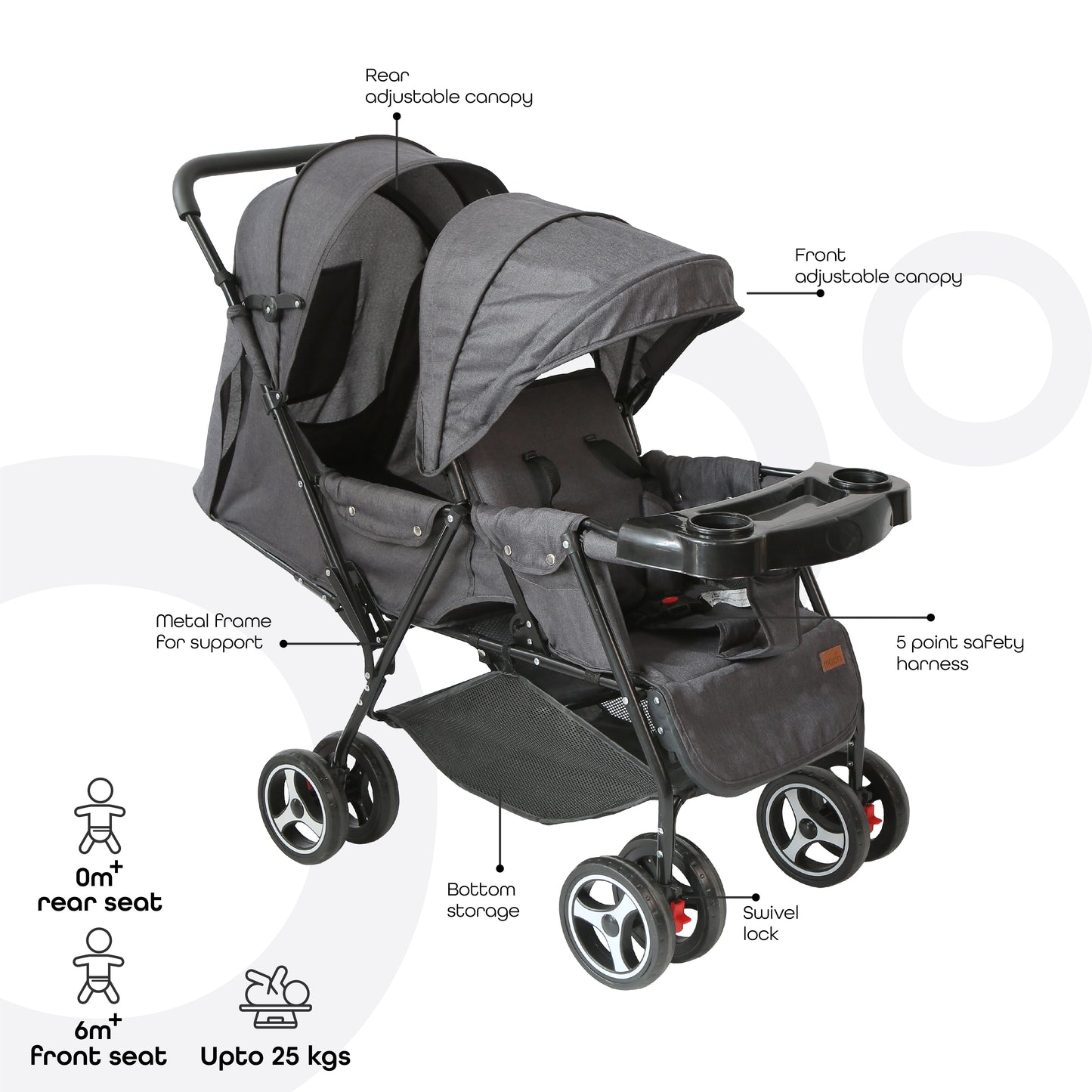 MOON Magnum Tandem Easy Fold Twin Travel Stroller
