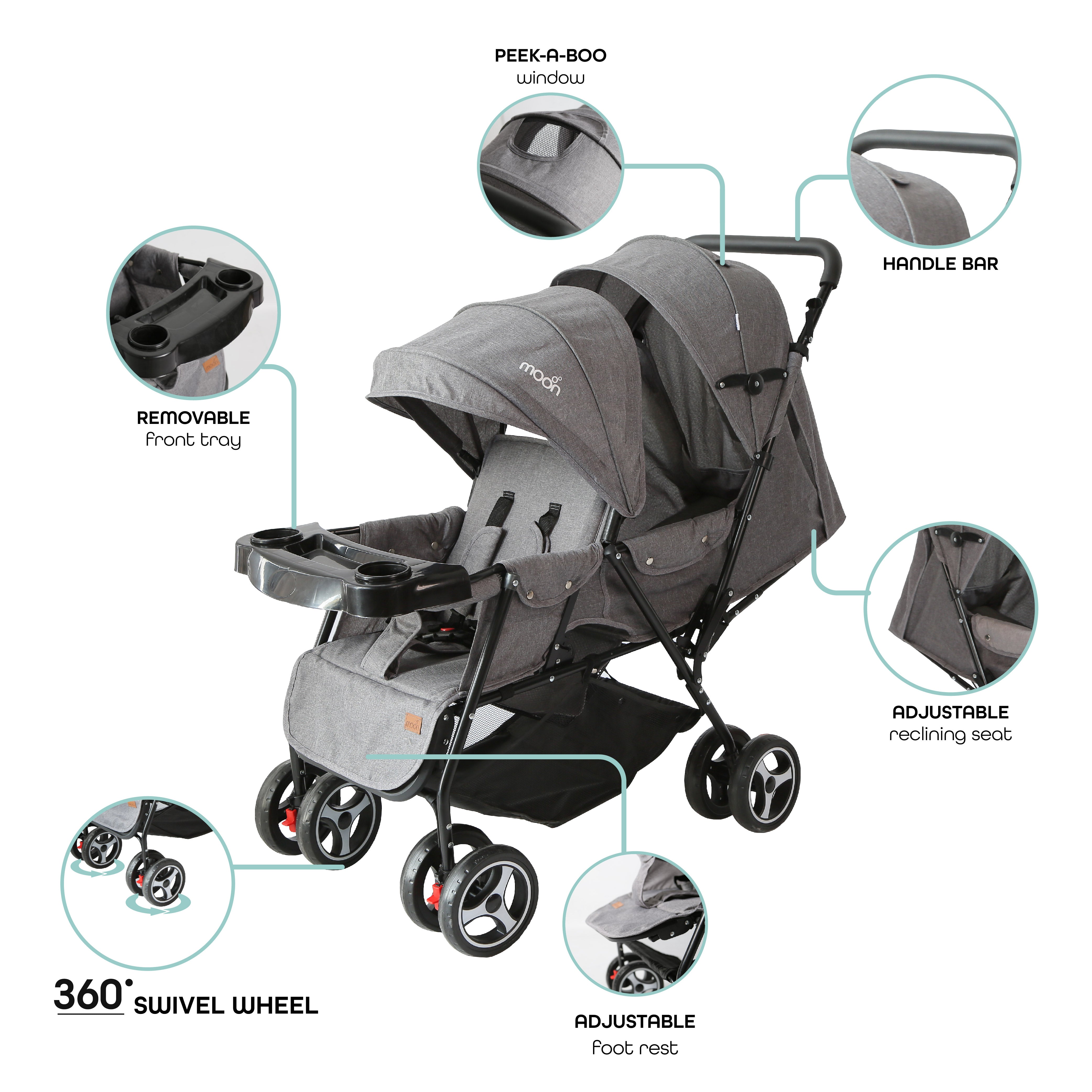 MOON Magnum Tandem Easy Fold Twin Travel Stroller-cool grey - The Moon Brand™
