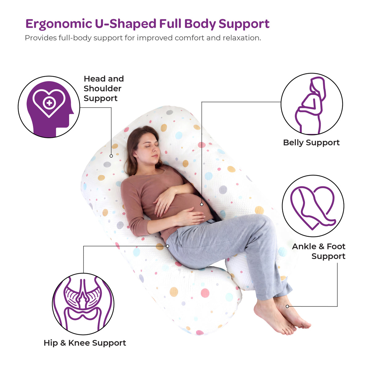 MOON Pregnancy Pillow – U-Shaped Full Body Maternity Support – Polka