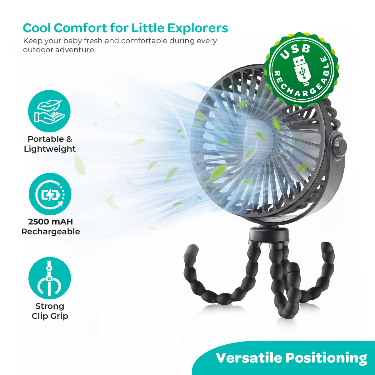 MOON Stroller Fan – Rechargeable 3-Speed Clip-On Fan