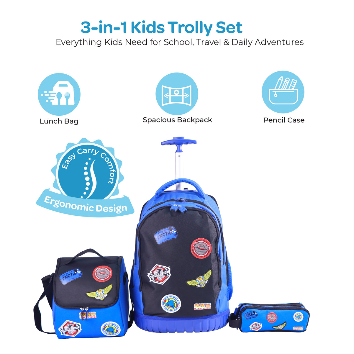 MOON Licensed SONIC the Hedgehog 3-in-1 Kids Trolley Backpack Set