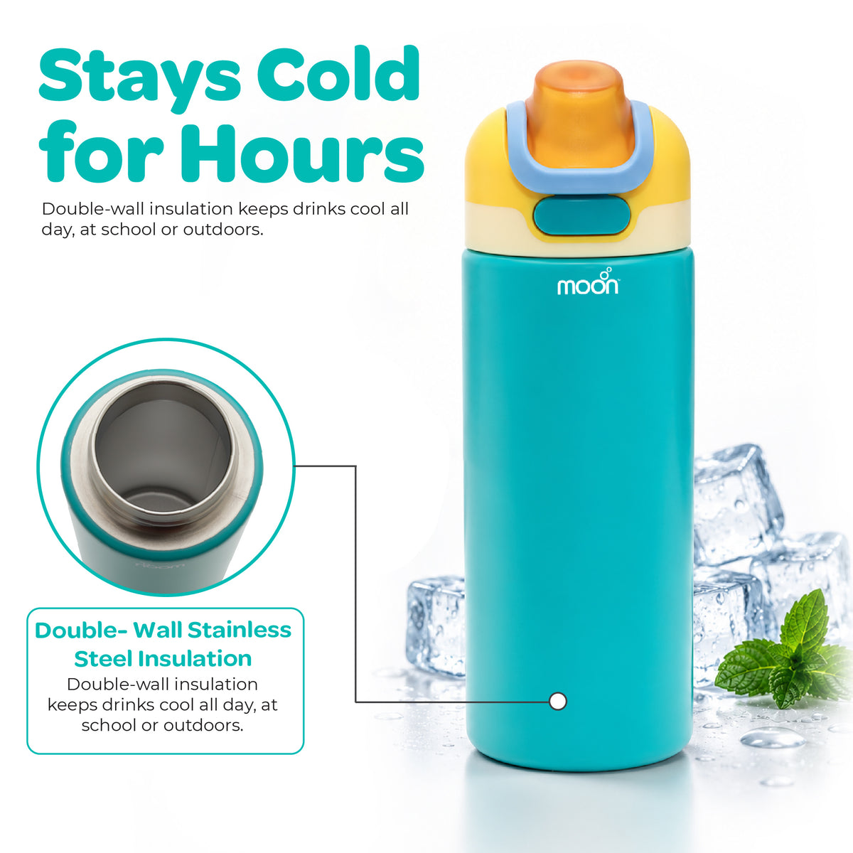 MOON 500ml Kids’ Insulated Water Bottle | Straw Lid, Green