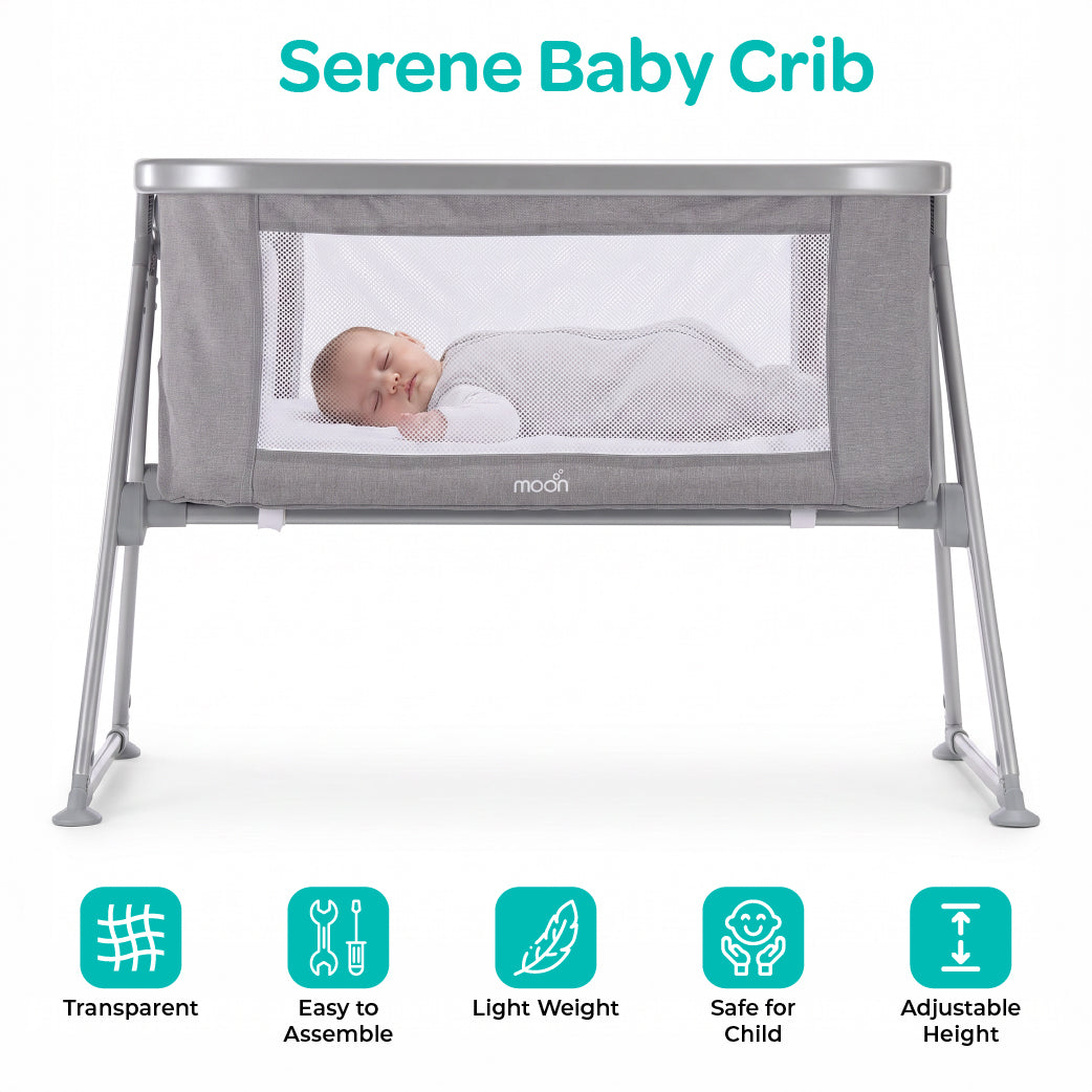 MOON Serene Foldable Baby Bassinet - Breathable Mesh, Aluminium Frame, Carry Bag Included - Light Grey — The Moon Brand product image