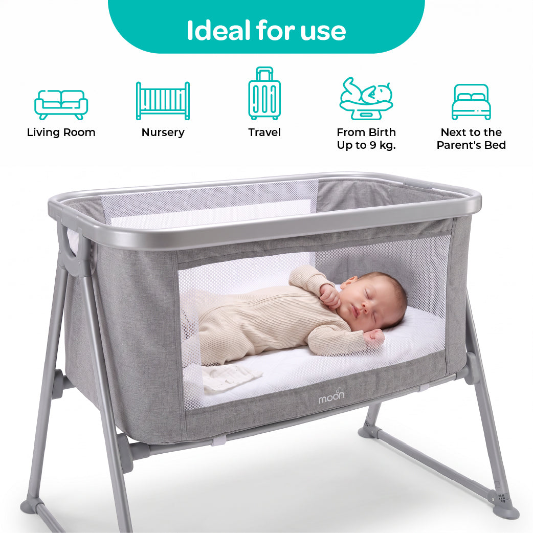 MOON Serene Foldable Baby Bassinet - Breathable Mesh, Aluminium Frame, Carry Bag Included - Light Grey