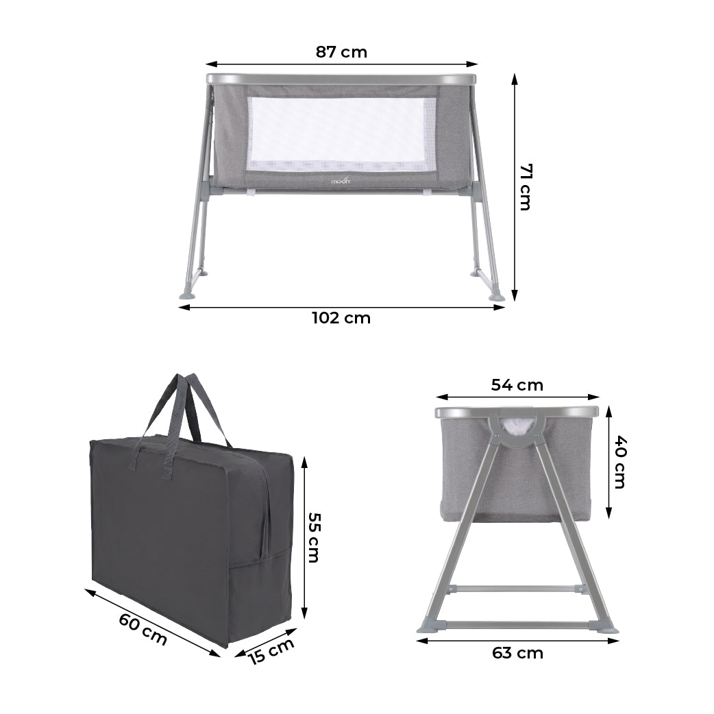 MOON Serene Foldable Baby Bassinet - Breathable Mesh, Aluminium Frame, Carry Bag Included - Light Grey — The Moon Brand product image