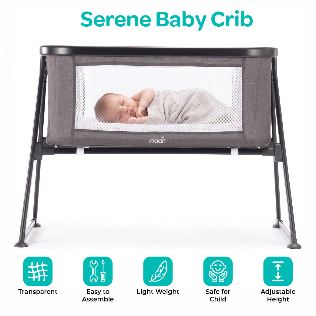MOON Serene Foldable Baby Bassinet - Breathable Mesh, Aluminium Frame, Carry Bag Included - Dark grey — The Moon Brand product image